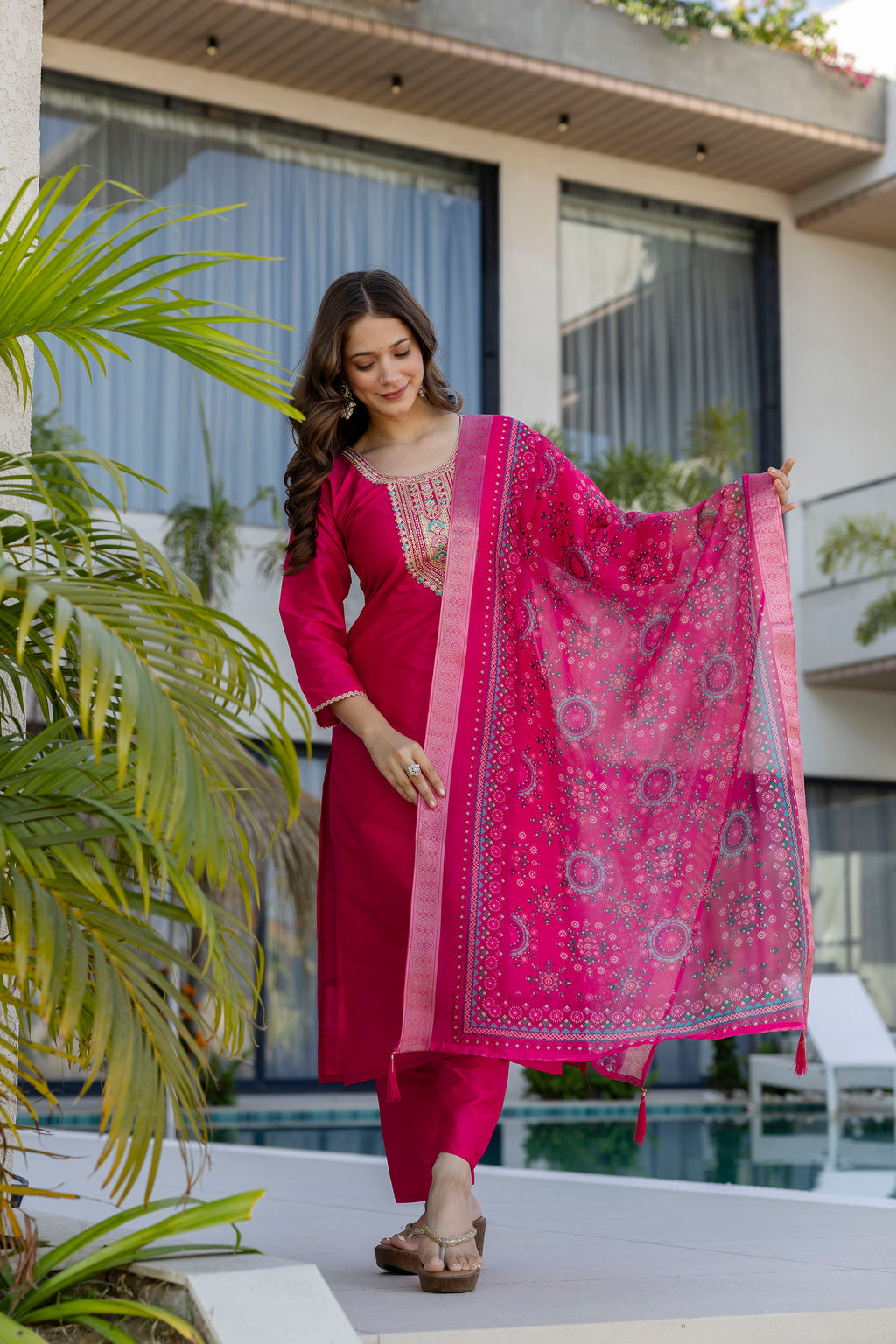 Hot Pink Embroidered Kurta Set with Printed Dupatta – Wedding & Festive Wear