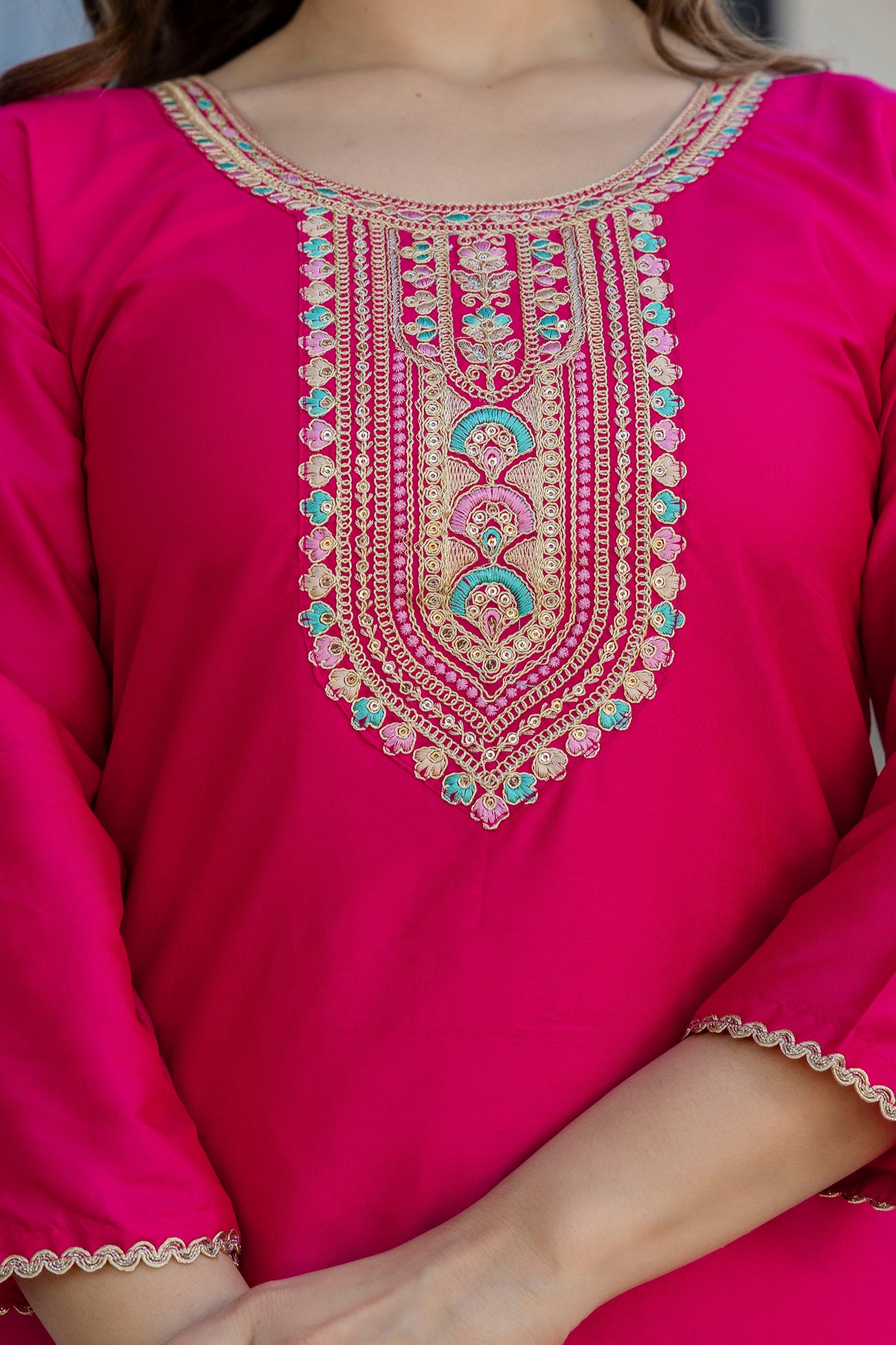 Hot Pink Embroidered Kurta Set with Printed Dupatta – Wedding & Festive Wear