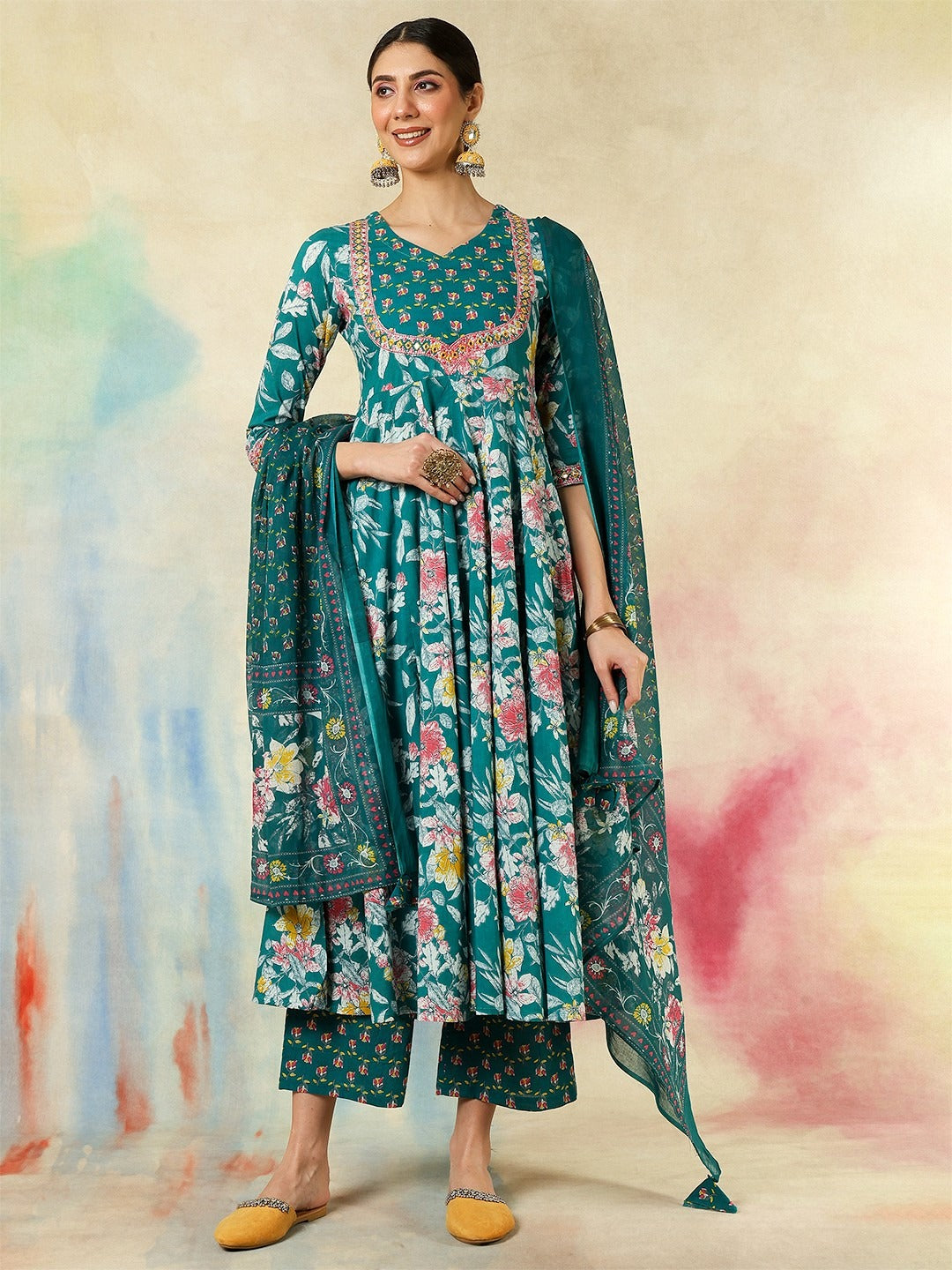 Teal Floral Anarkali Suit Set for Women – Festive & Wedding Outfit