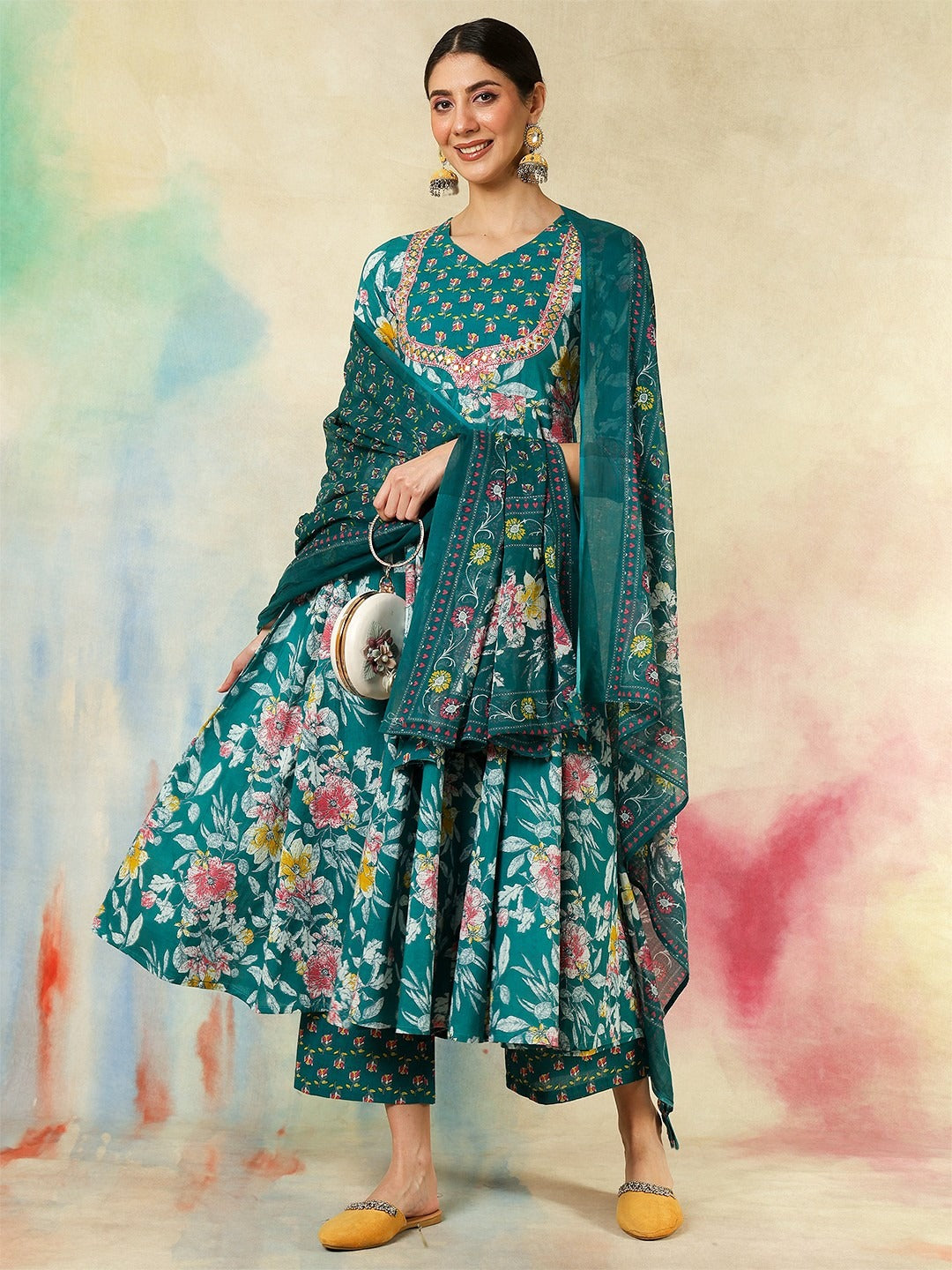 Teal Floral Anarkali Suit Set for Women – Festive & Wedding Outfit