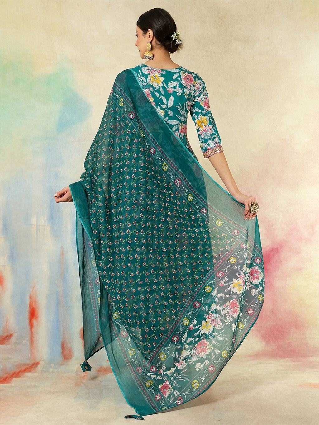 Teal Floral Anarkali Suit Set for Women – Festive & Wedding Outfit