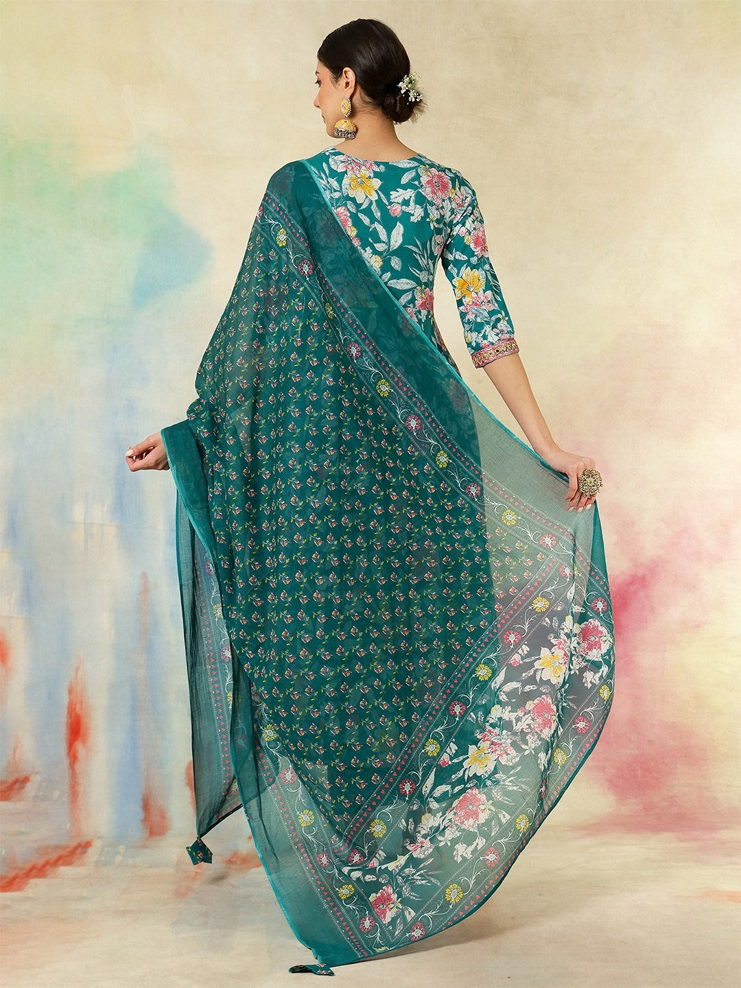 Teal Floral Anarkali Suit Set for Women – Festive & Wedding Outfit