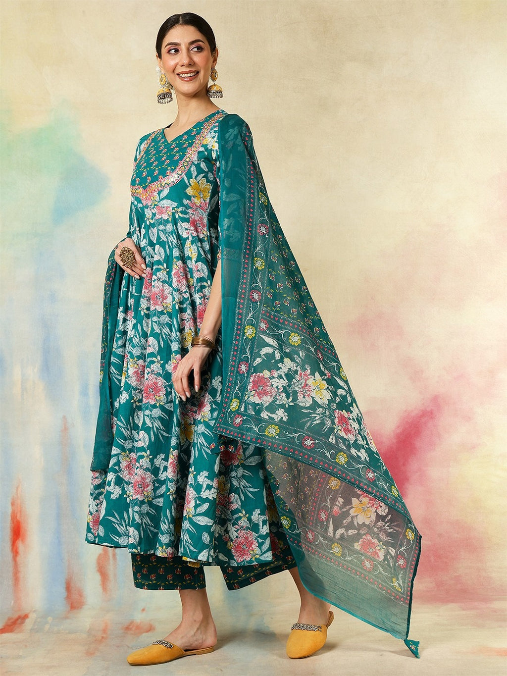 Teal Floral Anarkali Suit Set for Women – Festive & Wedding Outfit