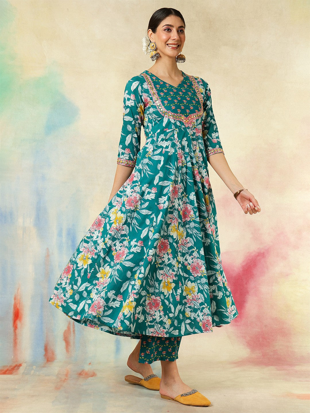 Teal Floral Anarkali Suit Set for Women – Festive & Wedding Outfit