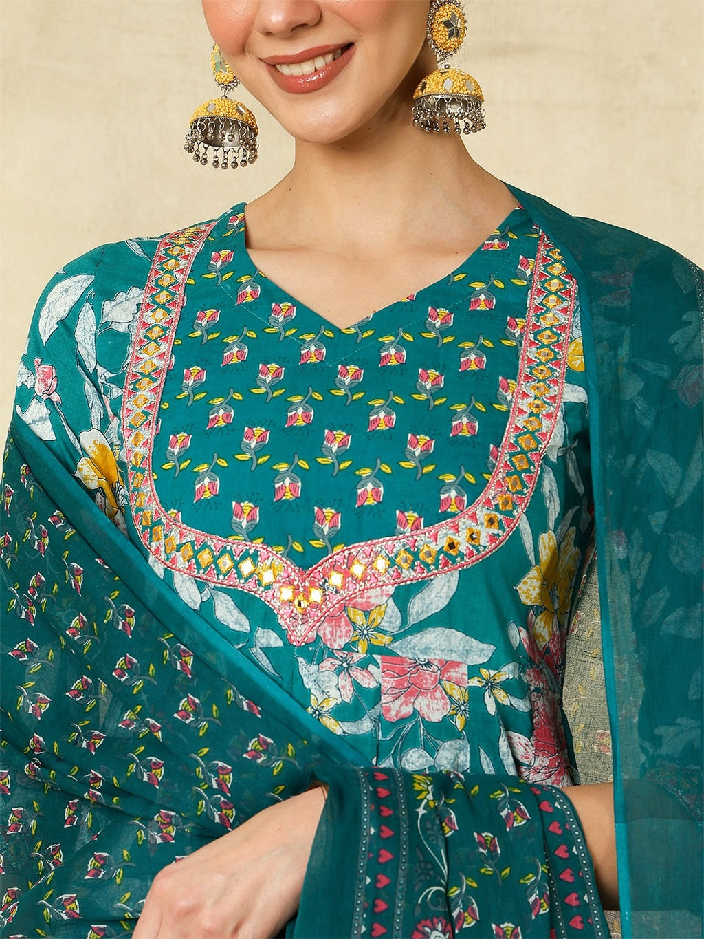 Teal Floral Anarkali Suit Set for Women – Festive & Wedding Outfit