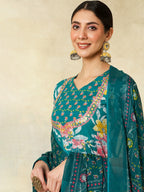 Teal Floral Anarkali Suit Set for Women – Festive & Wedding Outfit