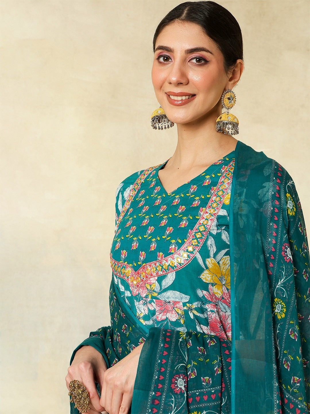 Teal Floral Anarkali Suit Set for Women – Festive & Wedding Outfit