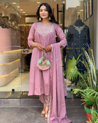 Dusty Rose Pink Embroidered Kurti Set with Chiffon Dupatta | Elegant Ethnic Wear for Women