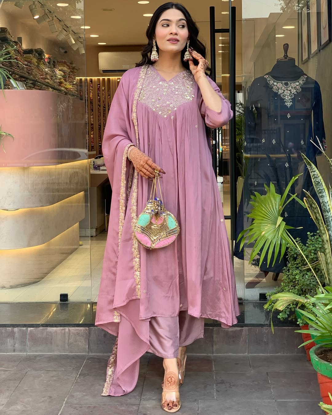 Dusty Rose Pink Embroidered Kurti Set with Chiffon Dupatta | Elegant Ethnic Wear for Women