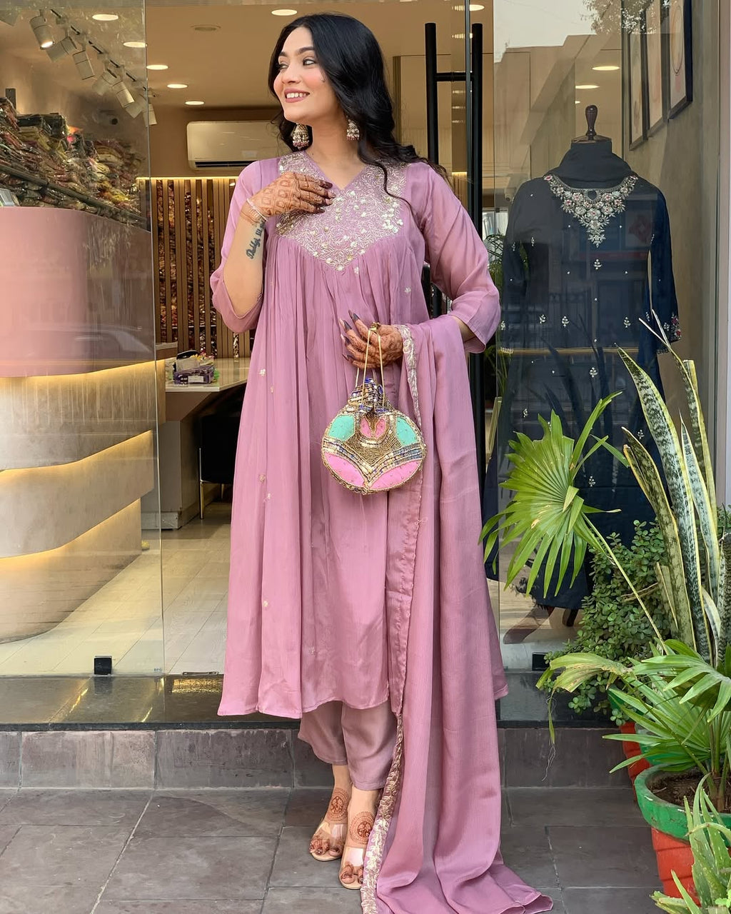 Dusty Rose Pink Embroidered Kurti Set with Chiffon Dupatta | Elegant Ethnic Wear for Women