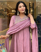 Dusty Rose Pink Embroidered Kurti Set with Chiffon Dupatta | Elegant Ethnic Wear for Women