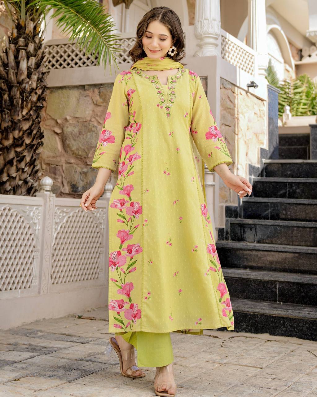 Lemon Yellow Floral Kurta Set with Dupatta – Casual & Festive Wear
