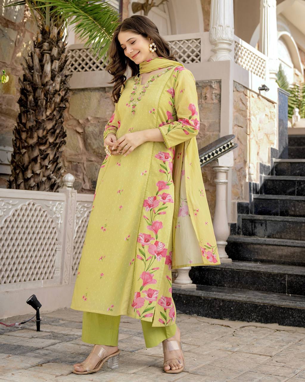 Lemon Yellow Floral Kurta Set with Dupatta – Casual & Festive Wear