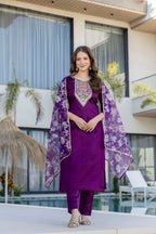 Purple Embroidered Kurta Set with Floral Dupatta – Festive Wear for Women