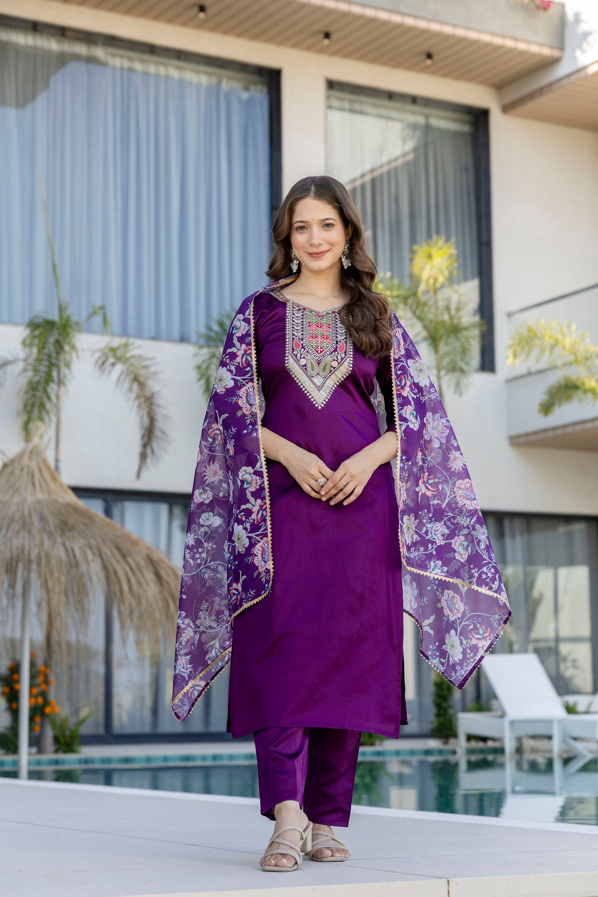 Purple Embroidered Kurta Set with Floral Dupatta – Festive Wear for Women