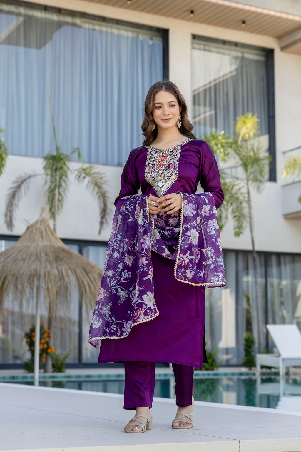 Purple Embroidered Kurta Set with Floral Dupatta – Festive Wear for Women
