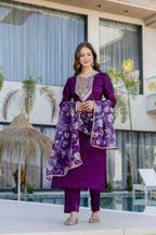 Purple Embroidered Kurta Set with Floral Dupatta – Festive Wear for Women