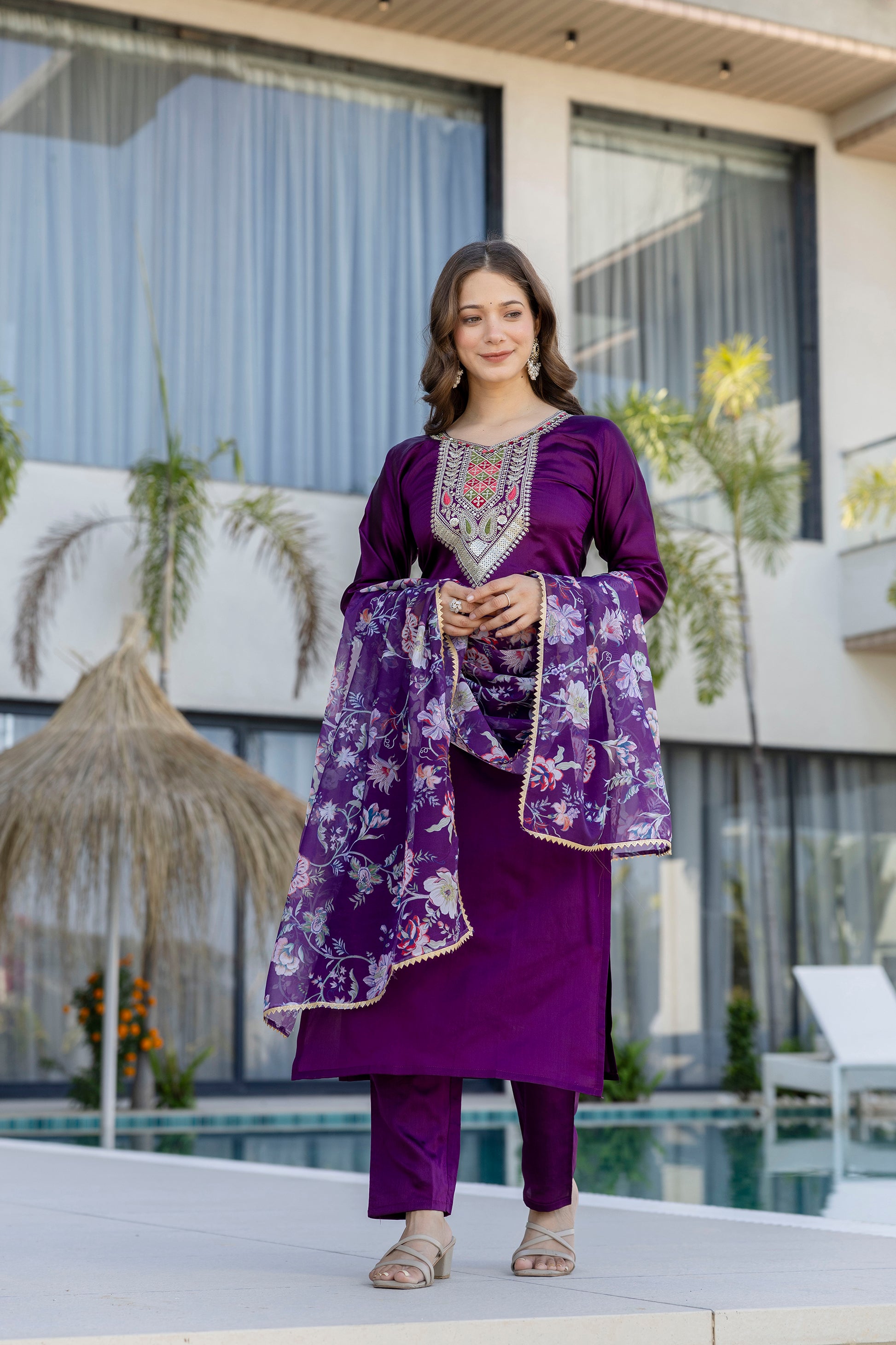 Purple Embroidered Kurta Set with Floral Dupatta – Festive Wear for Women