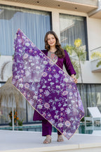 Purple Embroidered Kurta Set with Floral Dupatta – Festive Wear for Women