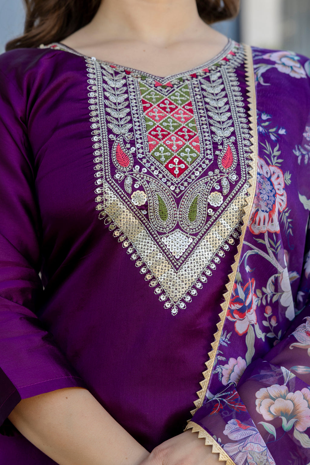 Purple Embroidered Kurta Set with Floral Dupatta – Festive Wear for Women