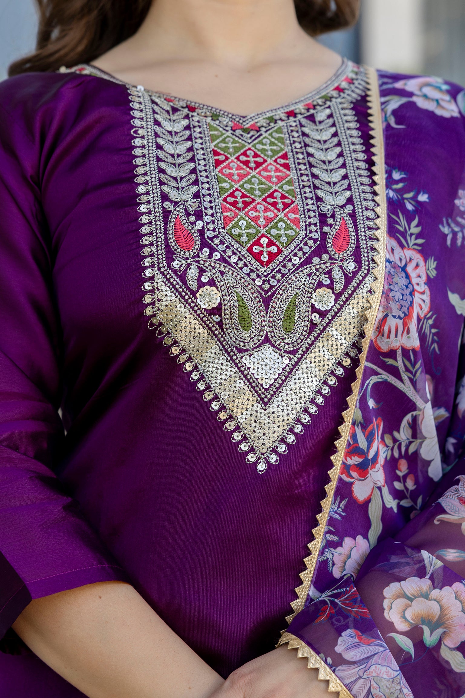 Purple Embroidered Kurta Set with Floral Dupatta – Festive Wear for Women