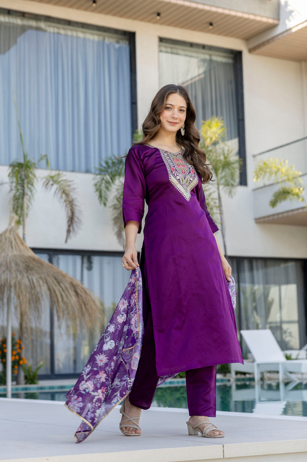 Purple Embroidered Kurta Set with Floral Dupatta – Festive Wear for Women