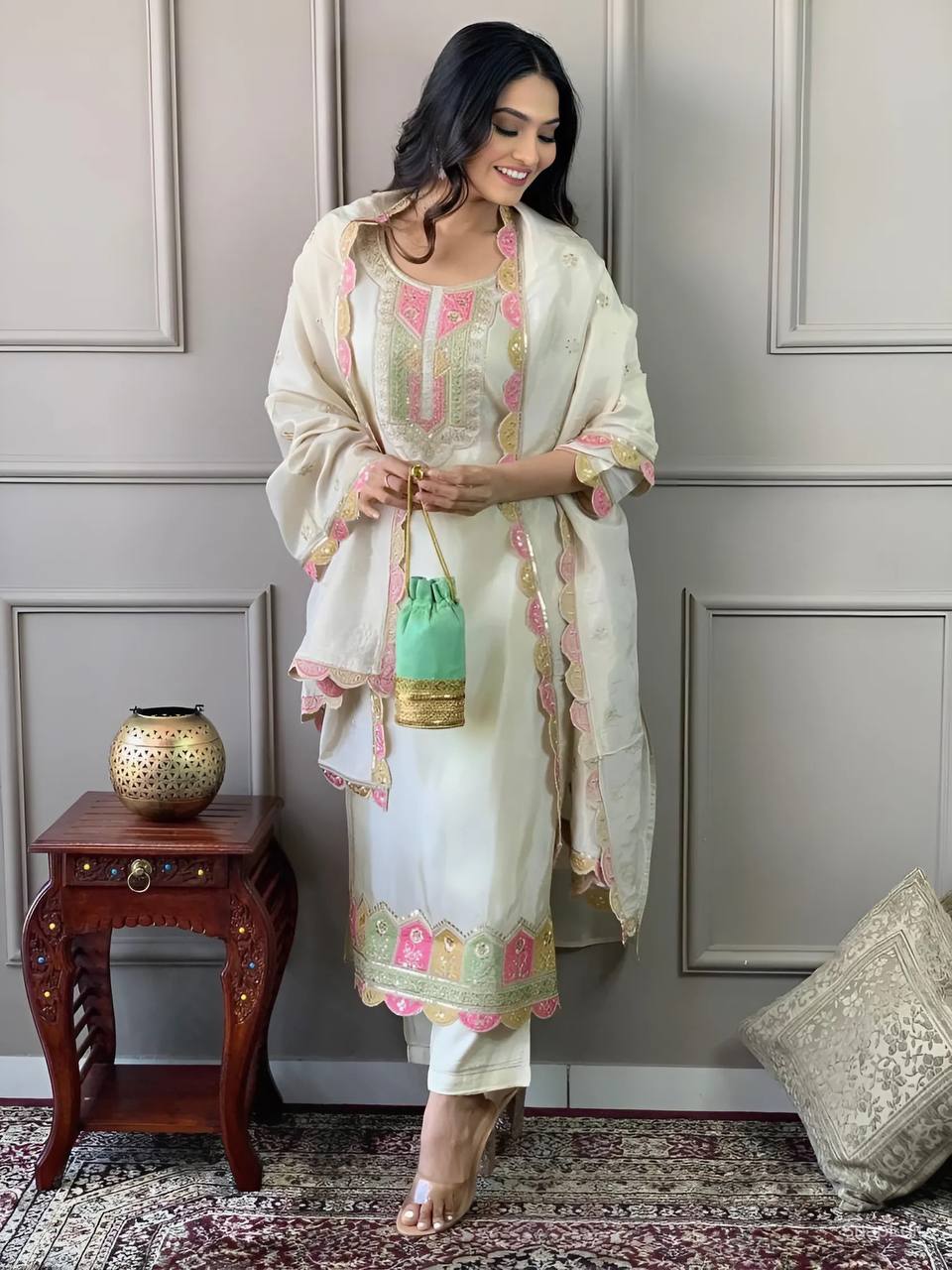 Viscose Chanderi Kurta Set with Dupatta – Embroidered Wedding Guest Outfit for Women