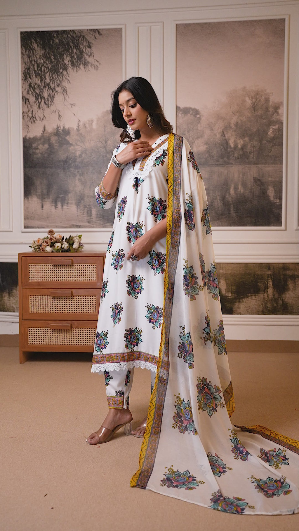 White Floral Printed Cotton Kurti Set with Dupatta – Casual & Festive Wear