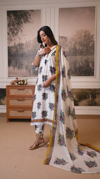 White Floral Printed Cotton Kurti Set with Dupatta – Casual & Festive Wear