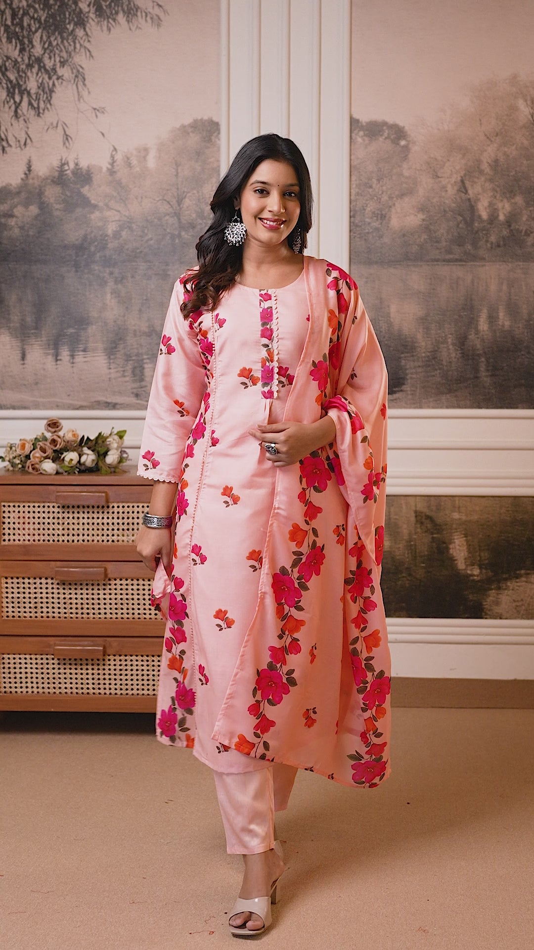 Peach Floral Kurta Set with Dupatta – Casual & Festive Wear
