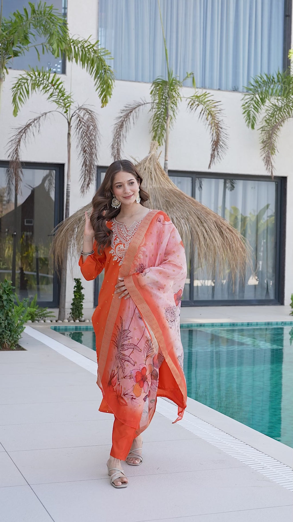 Orange Embroidered Jacquard Kurta Set with Organza Dupatta – Festive Wear