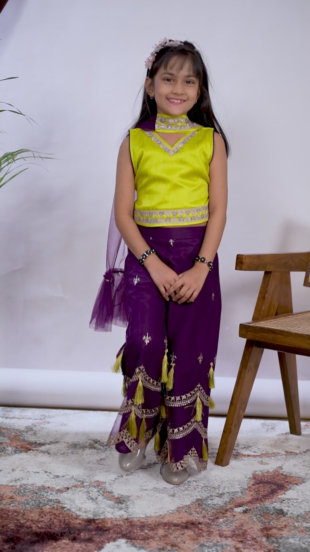 Girls Indo Western Palazzo Set with Tassel Detail & Dupatta