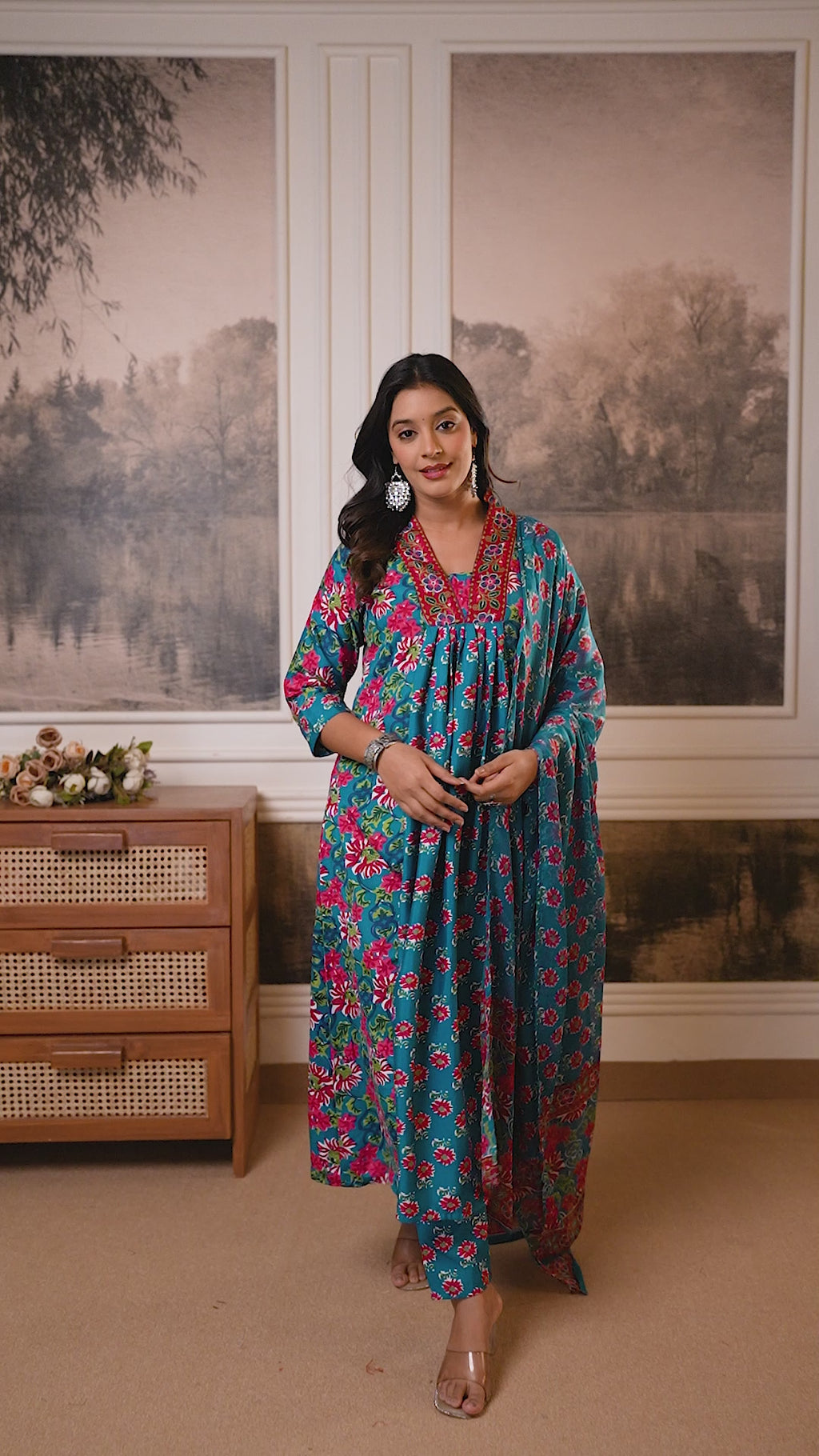 Teal Blue Floral Cotton Kurti Set with Printed Dupatta – Casual Wear