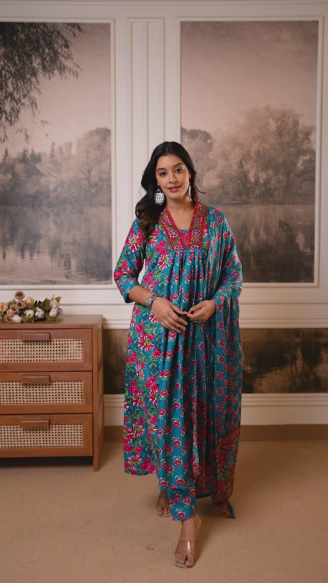 Teal Blue Floral Cotton Kurti Set with Printed Dupatta – Casual Wear
