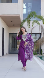 Purple Embroidered Kurta Set with Floral Dupatta – Festive Wear for Women