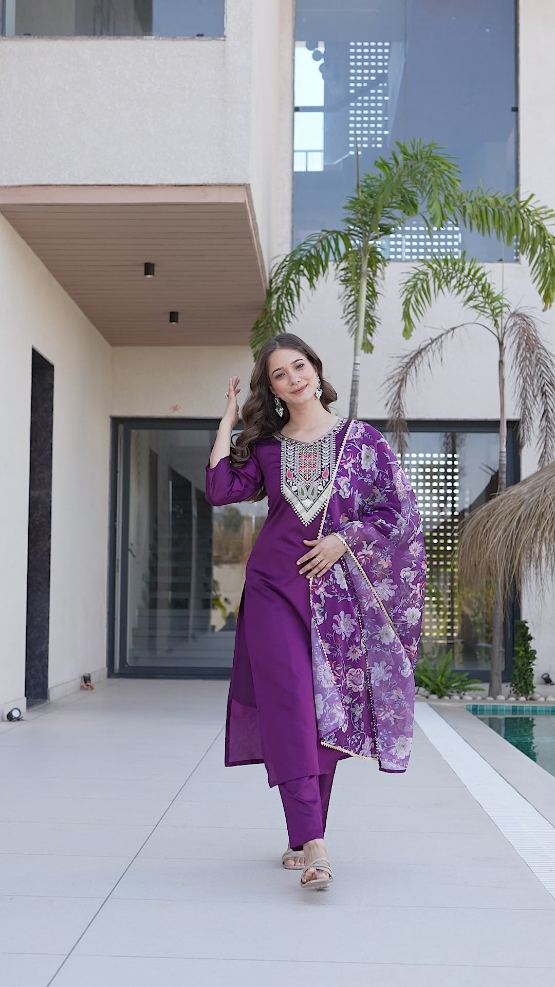 Purple Embroidered Kurta Set with Floral Dupatta – Festive Wear for Women