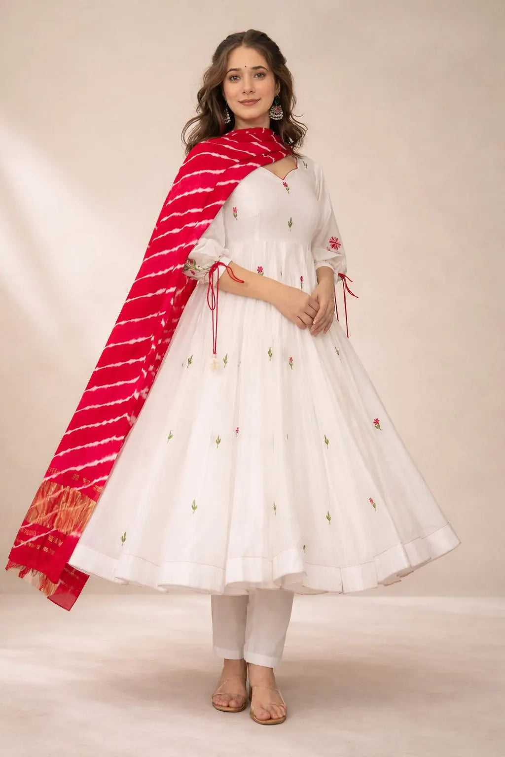 White Anarkali Suit Set with Red Bandhani Dupatta – Festive & Wedding Wear